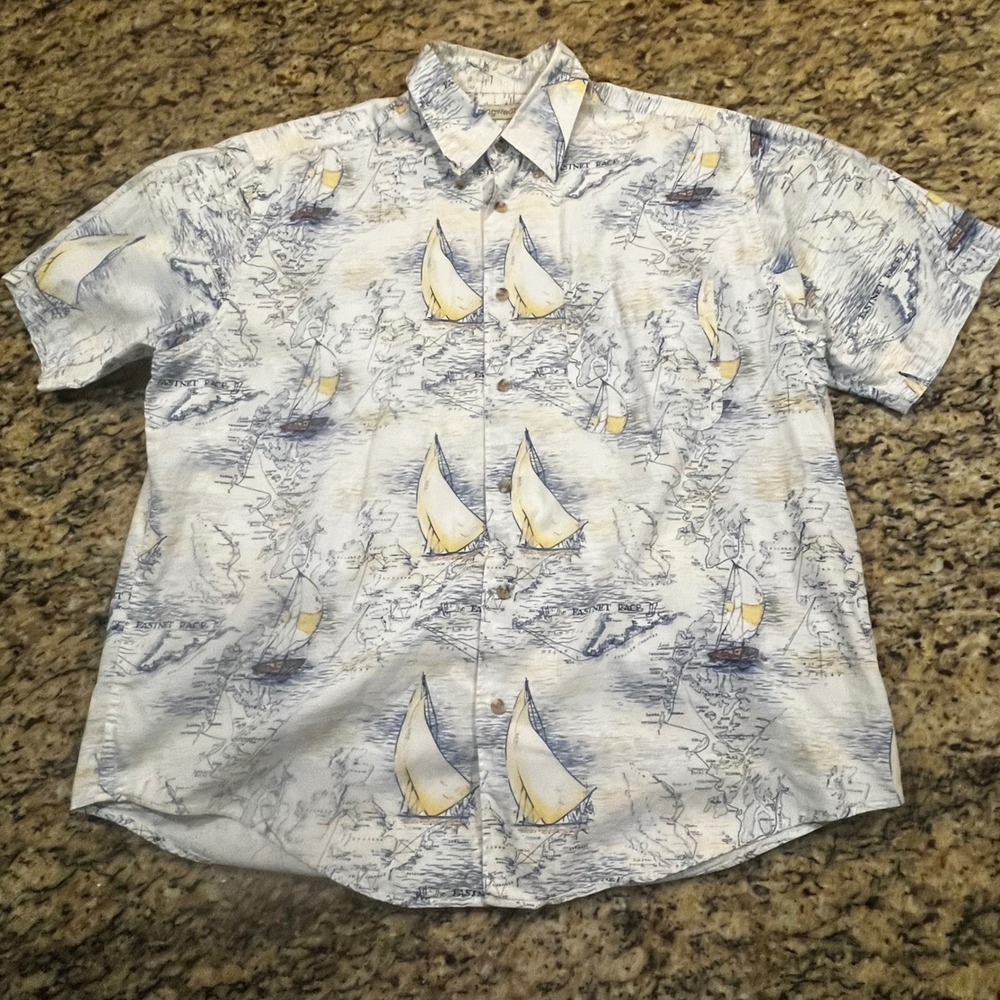 Munsingwear Mens Large Fastnet Race Nautical Map Sailboat Cotton Button Up Shirt